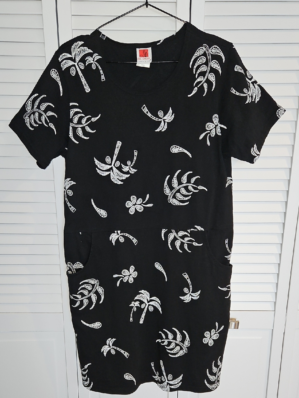 RED GINGER COTTON Black/White Short-Sleeve Palm Print Dress Sz S